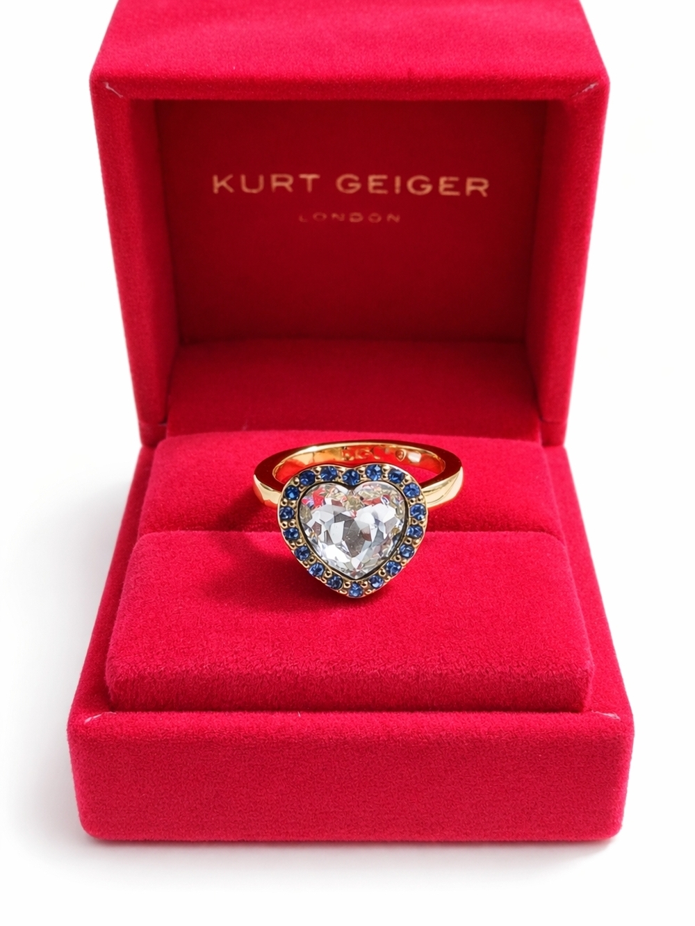 Kurt Geiger Gold Heart Ring with Clear Center and Blue Crystal Halo NWT Size 7